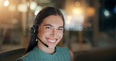 Buy stock photo Night, call center and portrait of happy woman for customer service, IT advisor and troubleshooting. Headset, consultant and communication for technical support, help desk and overtime on computer