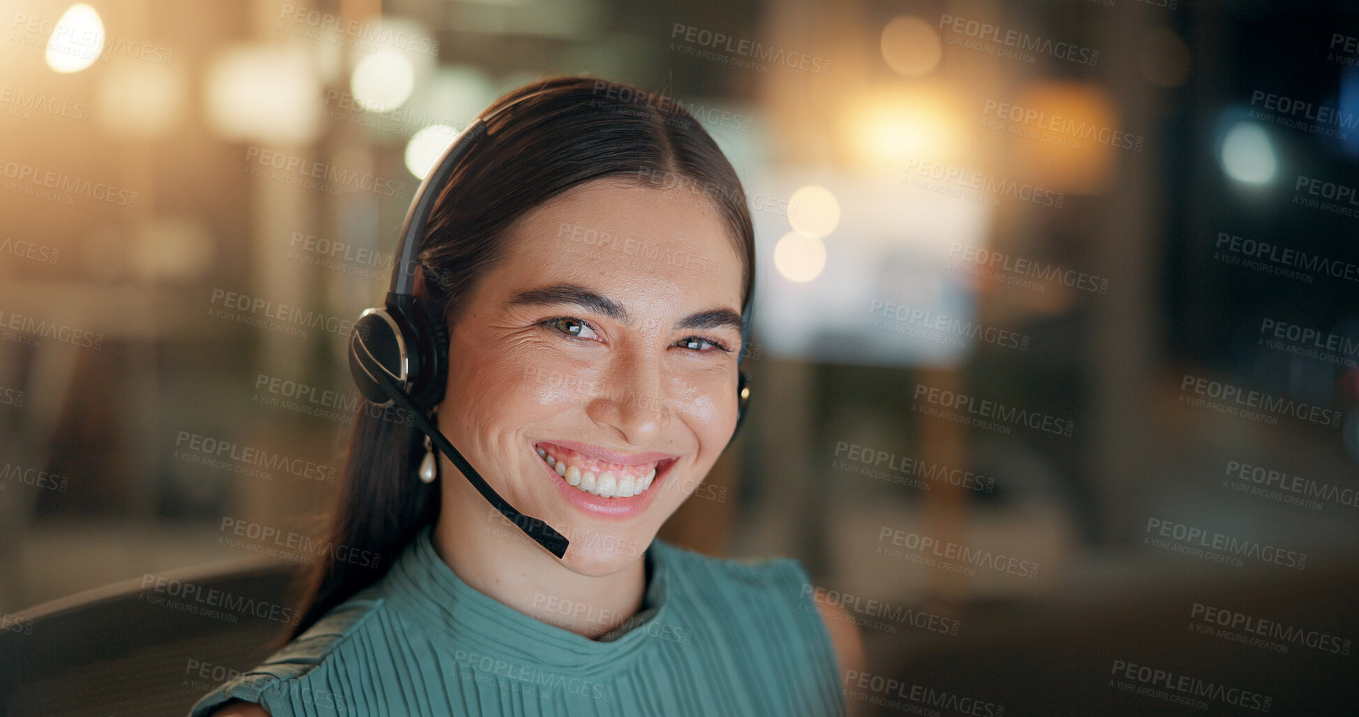 Buy stock photo Night, call center and portrait of happy woman for customer service, IT advisor and troubleshooting. Headset, consultant and communication for technical support, help desk and overtime on computer