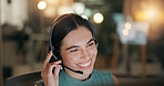 Night, call center and happy woman with customer service for business, IT advice or troubleshooting software. Headset, agent and communication for technical support, help desk or listen on overtime