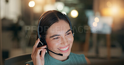 Buy stock photo Night, call center and happy woman with customer service for business, IT advice or troubleshooting software. Headset, agent and communication for technical support, help desk or listen on overtime