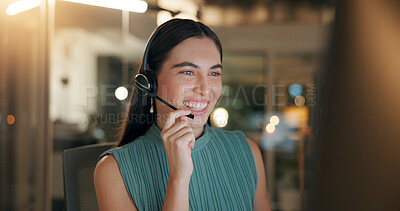 Buy stock photo Night, call center and business woman with technical support for IT advice or troubleshooting. Headset, happy agent and communication for customer service, help or listen on overtime on computer