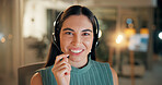 Night, call center and portrait of happy woman with headset for customer service, IT advisor and troubleshooting. Smile, consultant and communication for technical support, help desk and overtime