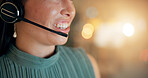 Lips, call center and happy business woman in customer service, IT advice or space. Headset, smile and agent with mouth for communication, tech support or help on overtime at night closeup with bokeh