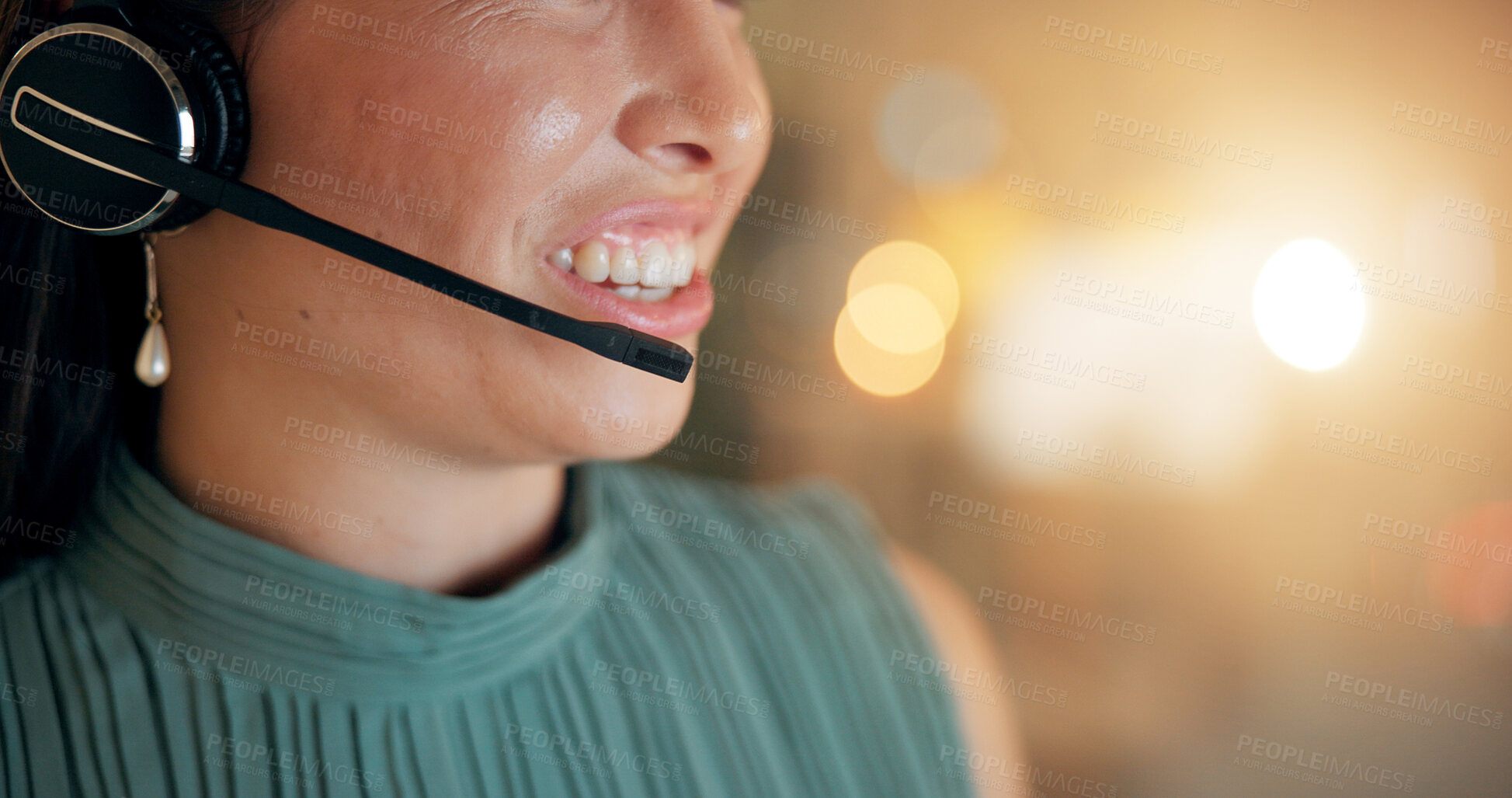 Buy stock photo Lips, call center and happy business woman in customer service, IT advice or space. Headset, smile and agent with mouth for communication, tech support or help on overtime at night closeup with bokeh