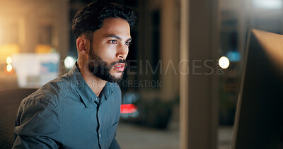 Buy stock photo Computer, man and coder in office at night with deadline for web development with software update. Technology, IT and male programmer for cybersecurity, coding or online algorithm in workplace.