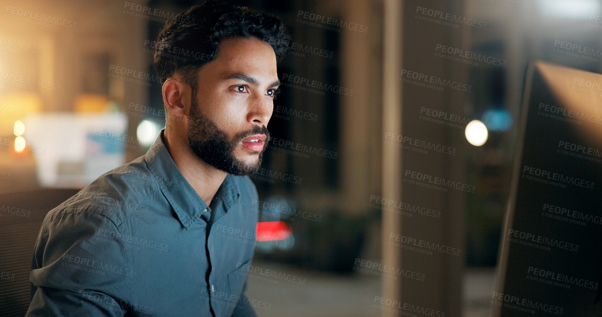 Buy stock photo Computer, man and coder in office at night with deadline for web development with software update. Technology, IT and male programmer for cybersecurity, coding or online algorithm in workplace.