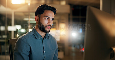 Buy stock photo Computer, man and programmer in office at night with deadline for web development with software update. Technology, IT and male coder for cybersecurity, coding or online algorithm in workplace.