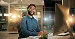 Business man, happy portrait and computer at night with smile for accounting, audit or tax review. Person, accountant or employee laugh for financial solution, evaluation report or compliance

