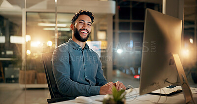 Buy stock photo Business man, happy portrait and computer at night with smile for accounting, audit or tax review. Person, accountant or employee laugh for financial solution, evaluation report or compliance
