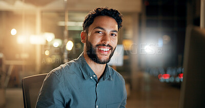 Buy stock photo Portrait, businessman and working late at night with computer for trading, investment or deadline. Indian person, trader or employee smile for stock market research, finance or happy at workplace