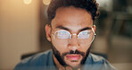 Computer, man and coder with thinking in office with web development, cybersecurity or tech project. IT, glasses and programmer with problem solving for cloud computing in workplace at night.