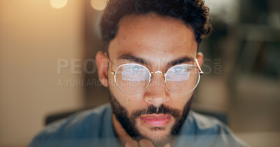 Buy stock photo Computer, man and coder with thinking in office with web development, cybersecurity or tech project. IT, glasses and programmer with problem solving for cloud computing in workplace at night.