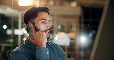 Buy stock photo Phone call, contact and businessman in office at night for investment negotiation, finance or profit. Cellphone, professional and male trader on mobile discussion for client revenue growth feedback.