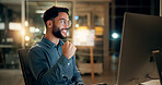 Happy, businessman and night with fist pump on computer for winning, investment or promotion at office. Excited, man or employee working late with smile on pc for good news, celebration or bonus