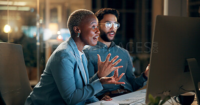 Buy stock photo Collaboration, computer and night with business people in office together for development or planning. Conversation, feedback or review with man and woman team at work for evening project management