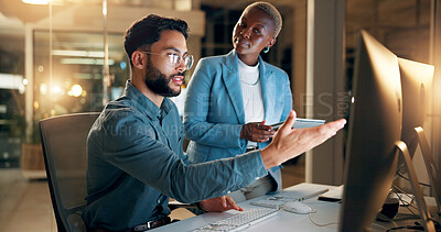 Buy stock photo Computer, night and question with business people in office together for development or planning. Late, feedback or review with employee man and woman in workplace for project management on tablet