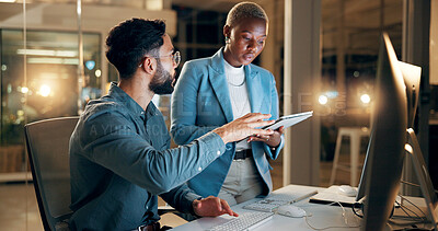 Buy stock photo Collaboration, night and tablet with business people in office together for development or planning. Computer, feedback or review with employee man and woman in workplace for project management