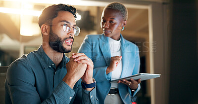 Buy stock photo Conversation, night and tablet with business people in office together for development or planning. Feedback, problem solving or review with employee man and woman in workplace for project deadline