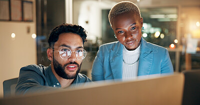 Buy stock photo Collaboration, computer and night with employee people in office together for development or planning. Conversation, feedback or review with business man and woman at work for teamwork in evening