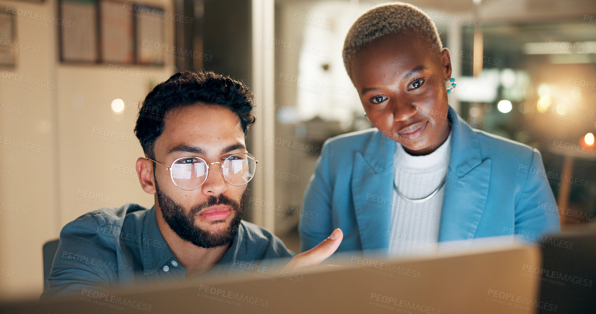 Buy stock photo Computer, night and question with employee people in office together for development or planning. Collaboration, feedback or review with business man and woman in workplace for project management