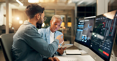 Buy stock photo Computer screen, night and tablet with business people in office together for stock market trading. Conversation, feedback or review with investment team in workplace for portfolio management