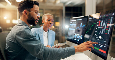 Buy stock photo Collaboration, computer screen and stock market trading with business people in office together. Conversation, data or information with employee man and woman in workplace for portfolio management