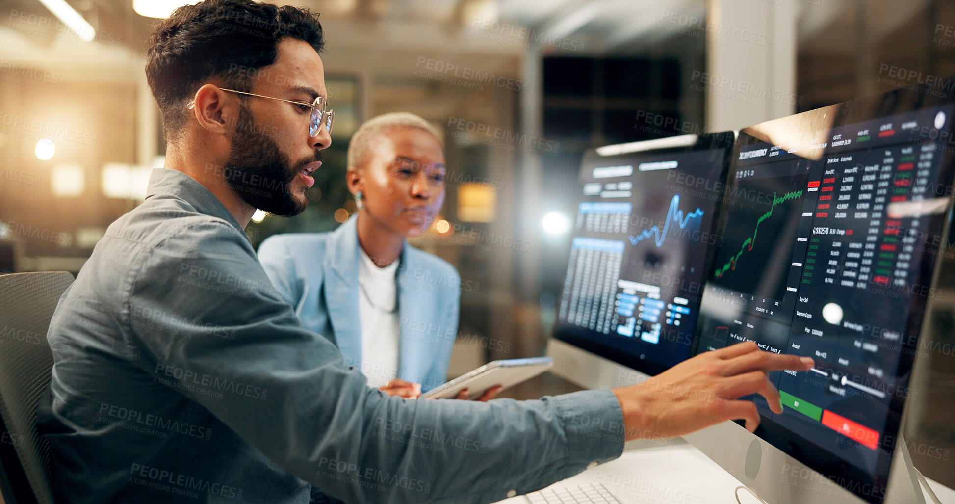 Buy stock photo Collaboration, computer screen and stock market trading with business people in office together. Conversation, data or information with employee man and woman in workplace for portfolio management