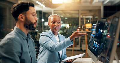Buy stock photo Computer screen, stock market and tablet with business people in office together for trading at night. Conversation, data or review with employee man and woman at work for portfolio management