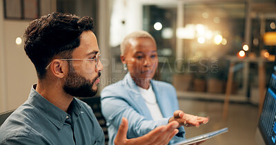 Buy stock photo Computer, tablet and trading with business people in office together for stock market review. Conversation, teamwork or question with employee man and woman in workplace for portfolio management