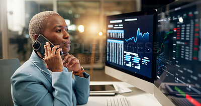 Buy stock photo Phone call, computer screen and black woman in office for investment negotiation, finance or profit. Cellphone, contact and trader with discussion for financial statistics, graphs or charts at night.