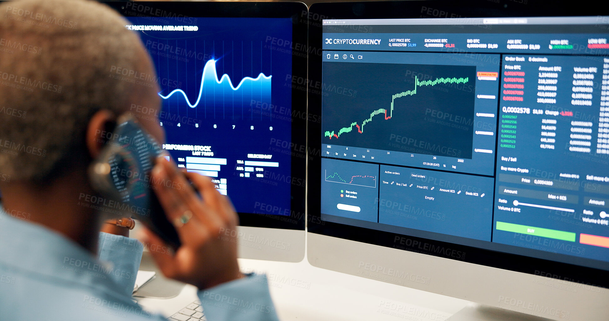 Buy stock photo Stock market, computer screen and woman with phone call in office at night for investment negotiation. Cellphone, contact and female trader with discussion for financial statistics, graphs or charts.
