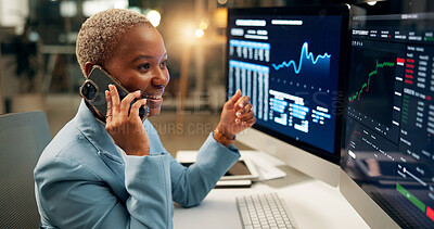 Buy stock photo Phone call, computer screen and black woman in office with finance, investment negotiation or profit. Cellphone, contact and trader with discussion for financial statistics, graphs or charts at night