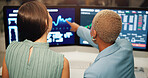 Collaboration, computer screen and pointing with business people in office together for trading. Conversation, review or stock market with employee women at work for portfolio management from back