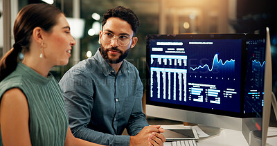 Buy stock photo Computer screen, graphs and trading with business people in office together for stock market investment. Information, night and teamwork with employee man and woman at work for finance management