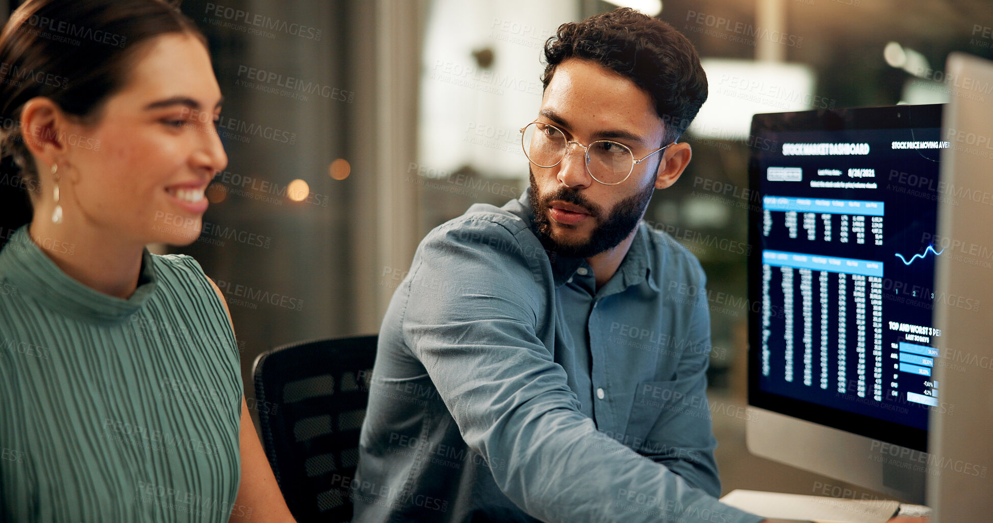 Buy stock photo Computer screen, investment and night with business people in office together for stock market trading. Conversation, feedback or review with man and woman in workplace for portfolio management