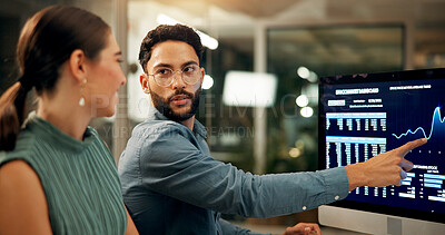 Buy stock photo Team, business people and computer screen for stock market chart, investment data or growth in office at night. Tech, collaboration and financial broker with profit, IPO or trading stats on dashboard
