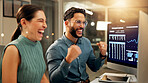 Happy, business people and night with stock market win on computer for profit or financial growth at office. Excited, businessman or woman with smile in celebration for online trading or investment