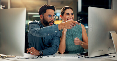 Buy stock photo Team, business people and computer for trading on stock market, investment and discussion in office at night. Tech, collaboration and financial broker with profit, results or shock for revenue growth