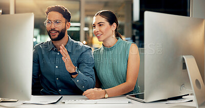 Buy stock photo Night, discussion and business people in office, computer and online magazine with website info. Employees, cooperation or journalist with pc, evening or review article with email or editing approval