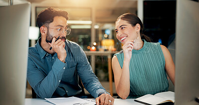 Buy stock photo Night, smile and team of business people in discussion, planning or brainstorming ideas for insurance. Computer, office meeting and collaboration on project for financial policy, strategy or solution