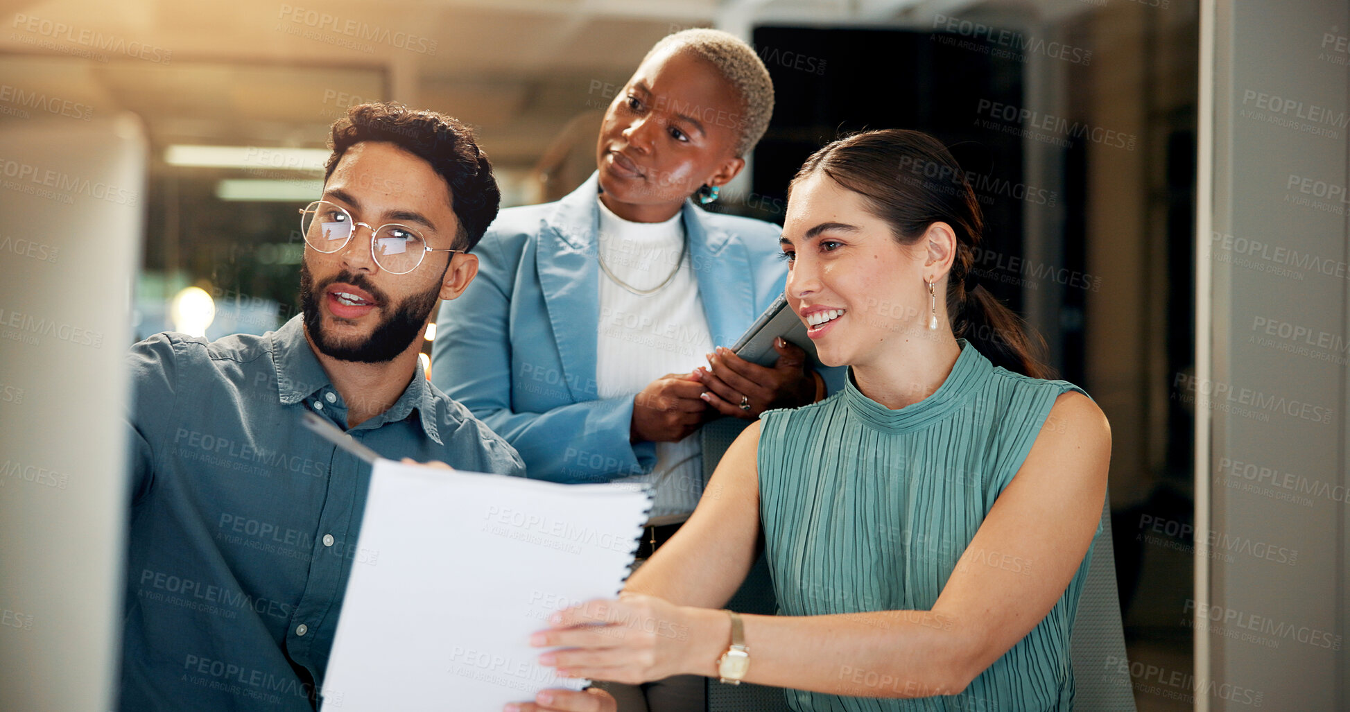 Buy stock photo Business people, night or computer with documents for financial planning, project deadline or budget. Group, team or employees working late together with paperwork on pc for company expenses or bills
