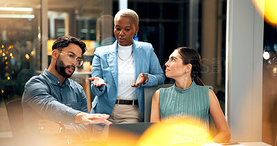 Buy stock photo Creative, people and meeting with laptop at night for planning, story ideas and project deadline. Man, explain and brainstorming with team, research and article schedule for  publication for overtime