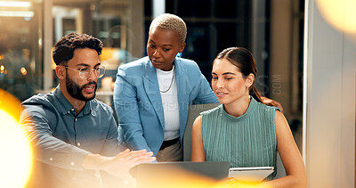 Buy stock photo Business, people and explain with laptop at night for planning, story ideas and project deadline. Man, meeting and brainstorming with team, research and article schedule for publication for overtime