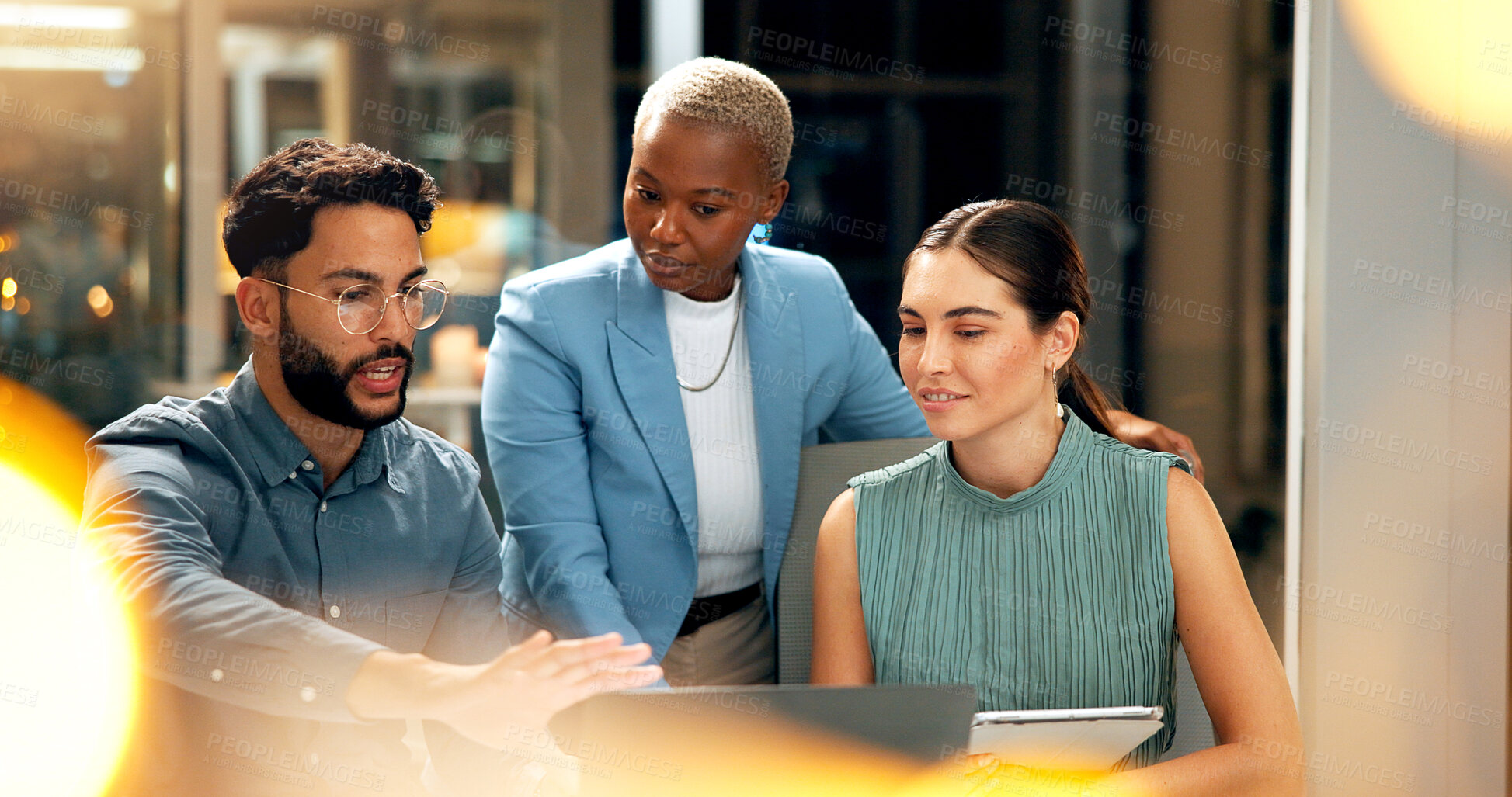 Buy stock photo Business, people and explain with laptop at night for planning, story ideas and project deadline. Man, meeting and brainstorming with team, research and article schedule for publication for overtime