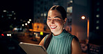 Tablet, rooftop and businesswoman in city at night with email communication for finance report. Laugh, digital technology and financial analyst with online stock market investment on building in town