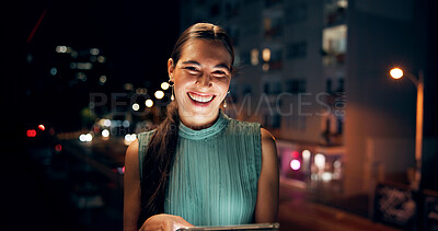 Buy stock photo City, night and portrait of business woman with tablet for networking, internet and website for working late. Professional, consultant and person on digital tech for research, planning and project