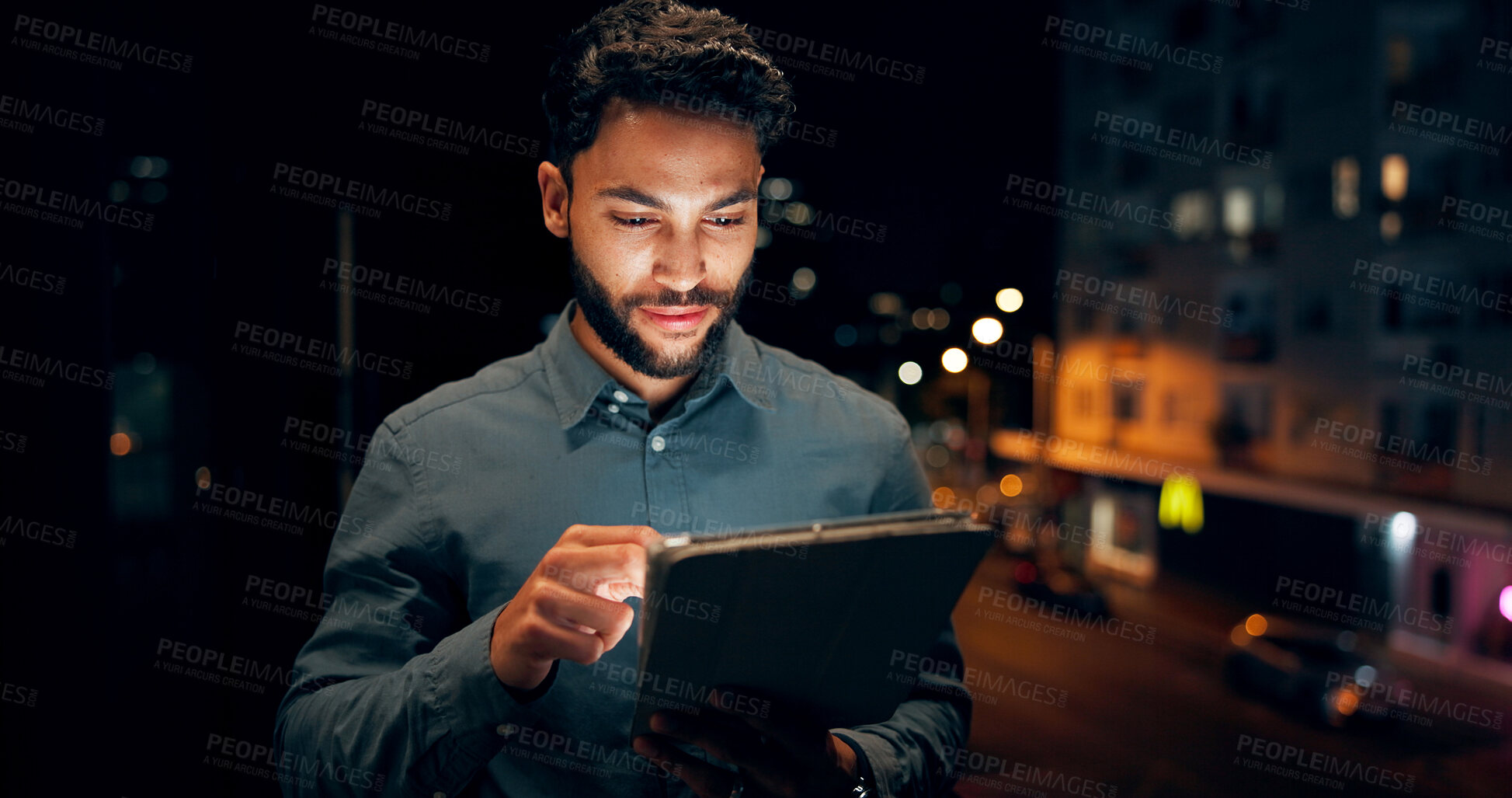 Buy stock photo Tablet, rooftop and businessman in city at night with email communication for finance report. Research, digital technology and financial analyst with online trading investment on building in town.