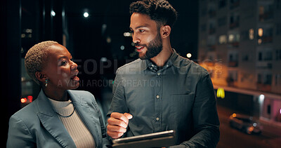 Buy stock photo Business, people and tablet with discussion by office for market research, investment account and financial review. Balcony, team and overtime with digital app for currency price and trading outdoor