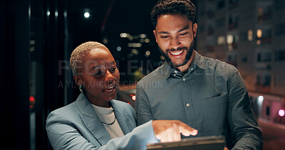 Buy stock photo Business, people and tablet by office at night for reading economy news, investment account or outdoor. Stocks research, balcony or overtime with digital app for currency price or financial portfolio