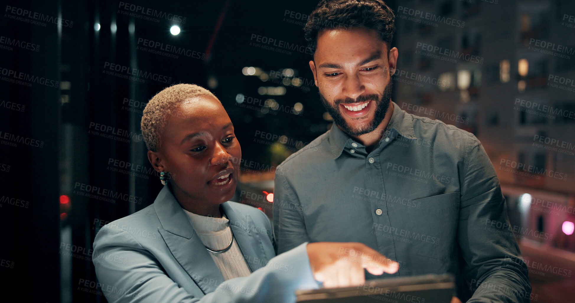 Buy stock photo Business, people and tablet by office at night for reading economy news, investment account or outdoor. Stocks research, balcony or overtime with digital app for currency price or financial portfolio